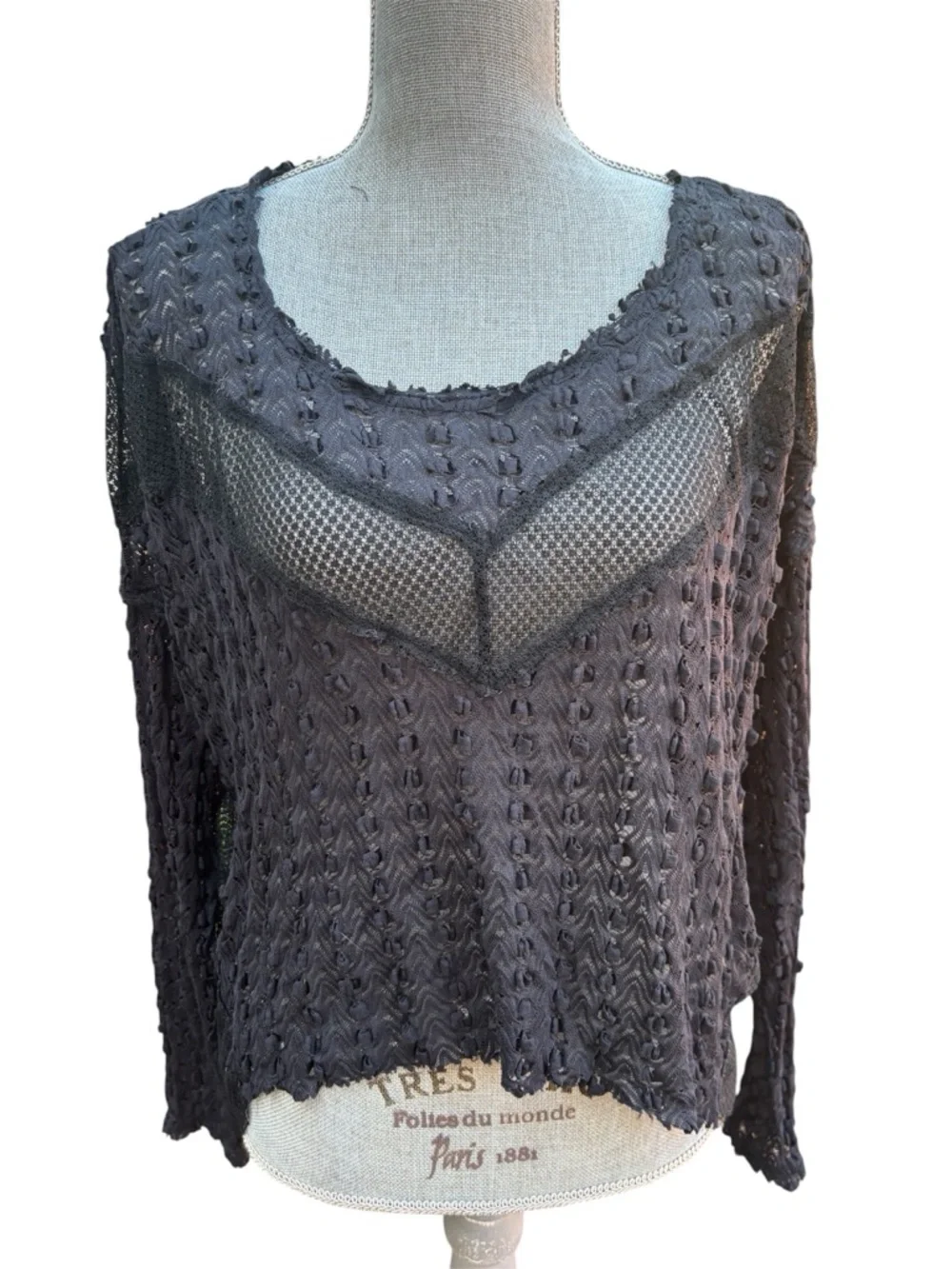 Free People Black Sheer Lace Mesh Top Boho Textured Top S Goth Emo Edgy Boho